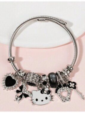 Hello Kitty Silver & Black Adjustable Charm Bracelet – Cute Accent Jewelry Gift